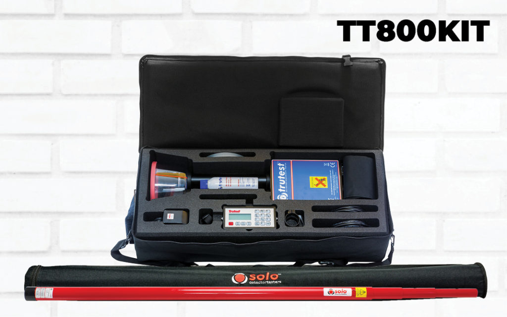 TT800 Trutest Smoke Detector Sensitivity Tester Kit which includes 1 Trutest 801 Smoke Detector Sensitivity Tester, 12 Trutest Smoke 400 Detector Test Aerosol Canisters, a Storage Case and Pole Bag and 1 Solo 100 15ft Access Pole