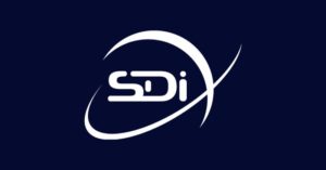 white SDi logo on blue background