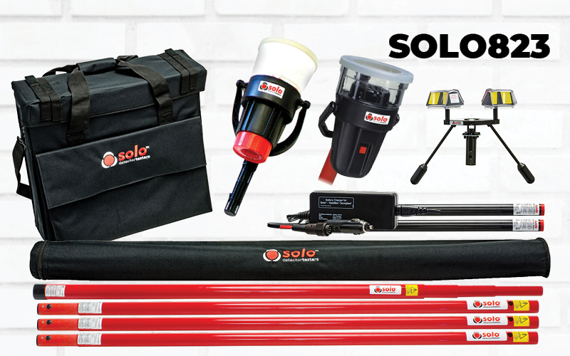 SOLO 823 Smoke, Heat, CO Enhanced Kit - 30ft which includes 1 Solo 100 15ft Access Pole, 3 Solo 101 4ft Extension Pole, 1 Solo 200 Universal Removal Tool, 1 Solo 330 Dispenser, 1 Solo 460 Heat Detector Tester, 1 Solo 610 Carrying Bag, 1 x Solo 727 Battery Charger, and 2 Solo 770 Battery Batons